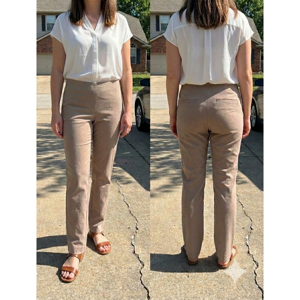 Chico's Brigitte Slim Pants 1R US 8 Tan Textured Pull On 30x30 Front Zip Pockets